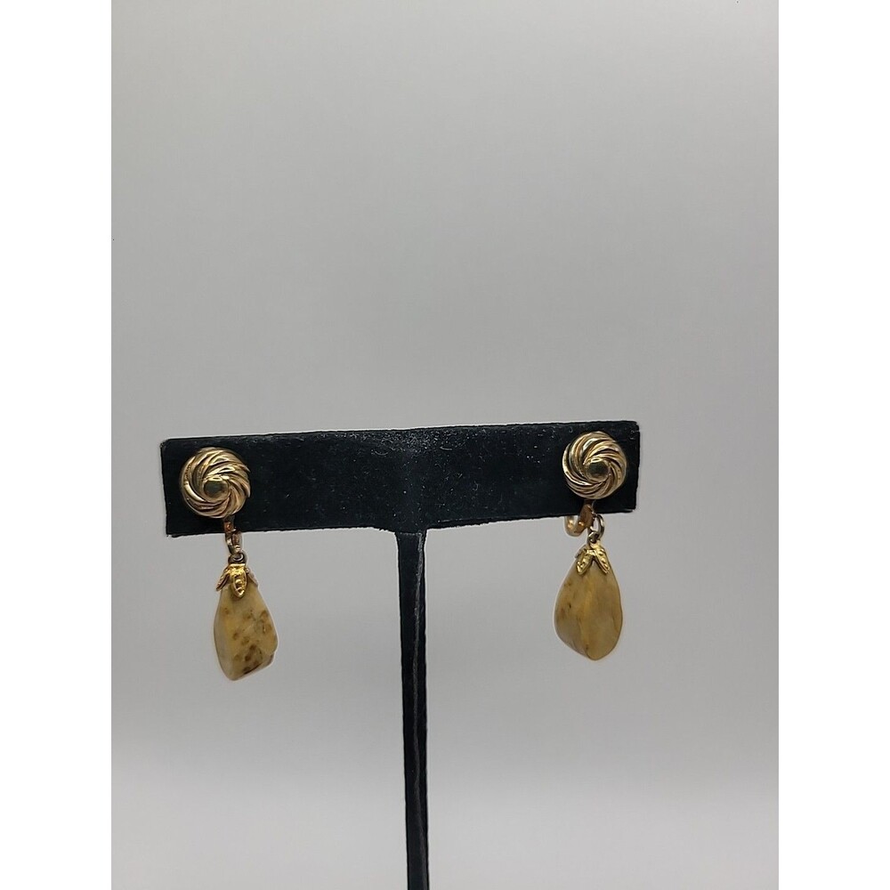 Vintage Yellow Stone Teardrop‎ Dangle Screw Back Earrings Gold Tone Jewelry